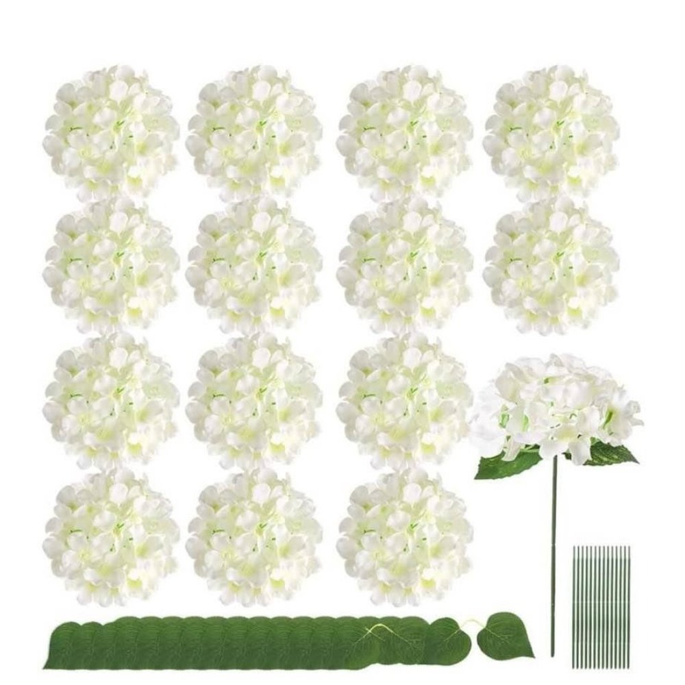 15 pack Ivory Silk Hydrangea Flowers Leaves with Stems for Home Wedding